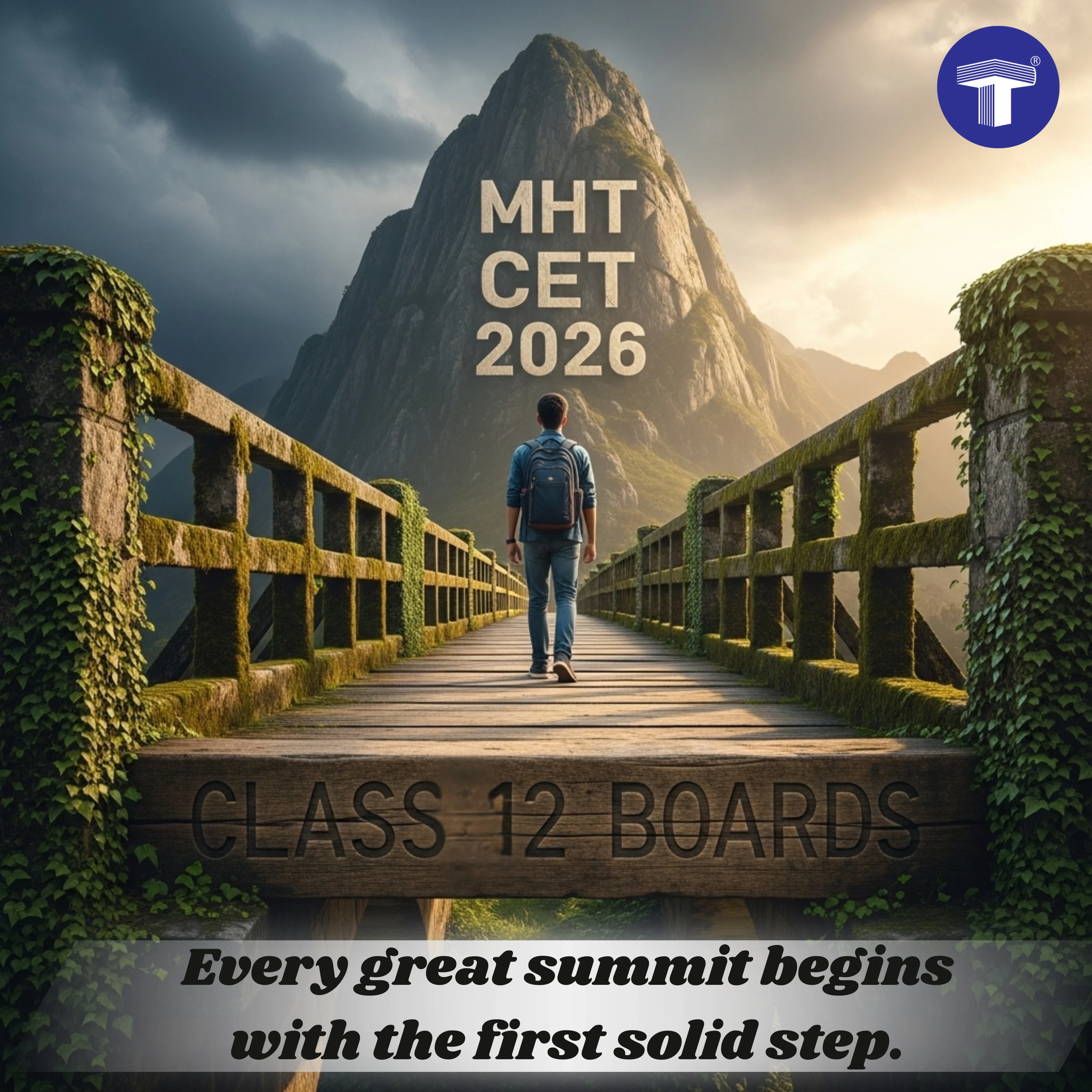 Student walking towards a mountain summit labeled MHT CET 2026, symbolizing Class 12 boards as the starting step.
