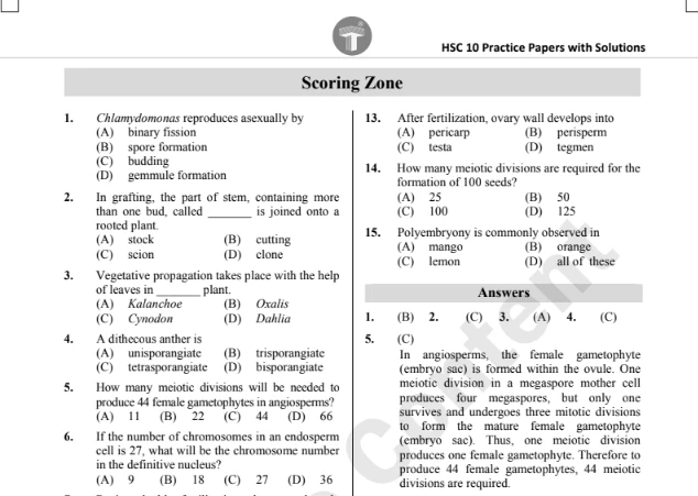 HSC 10 Practice Papers with Solutions Scoring Zone for Biology, showing multiple-choice questions on reproduction and genetics, with answers provided below