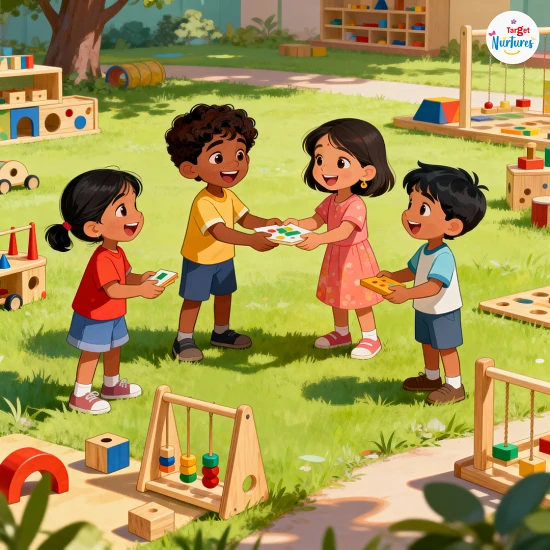 Animated modern Indian children helping each other and learning social skills in a vibrant preschool environment inspired by Montessori principles