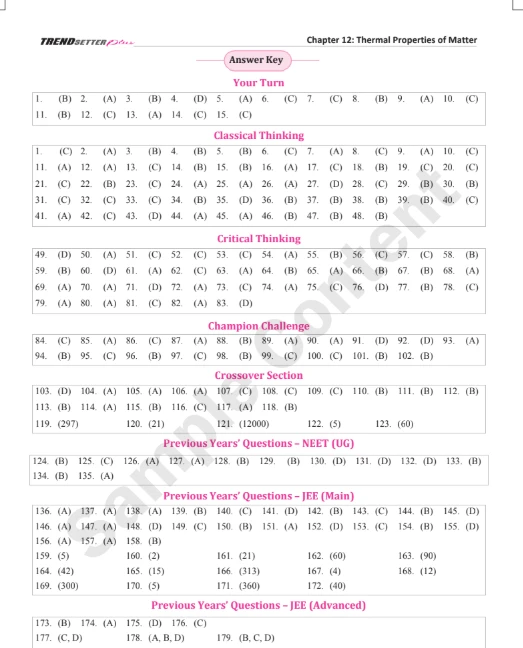 Trendsetter plus physics answer key for NEET and JEE Chapter 12 Thermal Properties of Matter