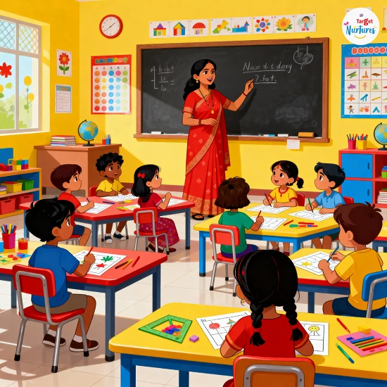 Animated scene of a modern Indian traditional preschool classroom with teacher-led learning, group activities, and colourful classroom décor