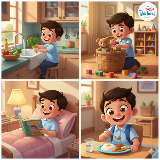 A child performing daily tasks to build good habits
