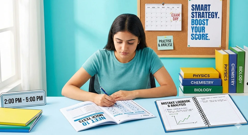 NEET aspirant practising mock test with OMR sheet, subject books, and mistake logbook to improve score and exam strategy
