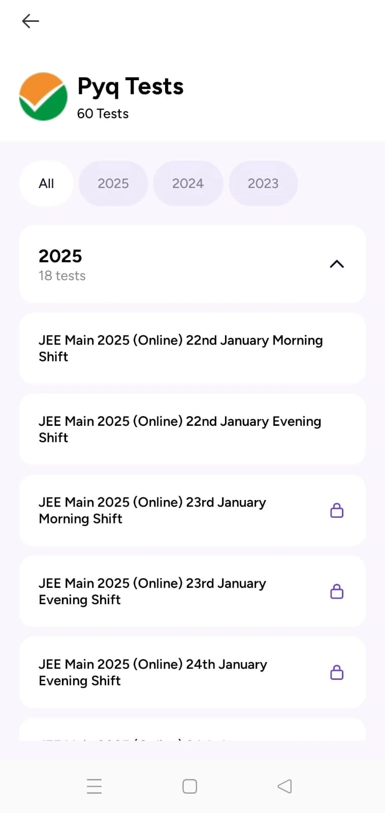 Tayari exam prep app displaying JEE Main PYQ tests with previous year question papers and shift-wise mock tests