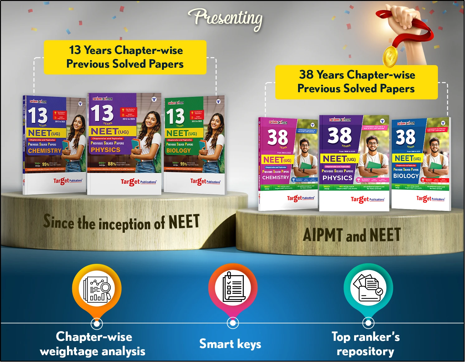 Target Publications: 13 & 38 Years NEET chapter wise solved papers with weightage analysis and smart keys