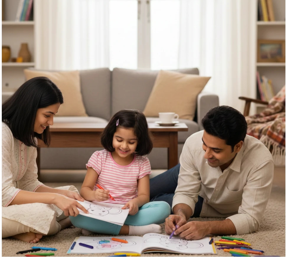 Parent and kid practising creative colouring activities at home