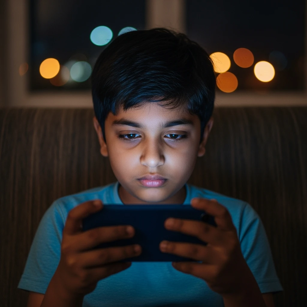 “Close-up of an Indian child sitting on a couch at night, looking tired while focused on a smartphone, showing signs of social media addiction.”