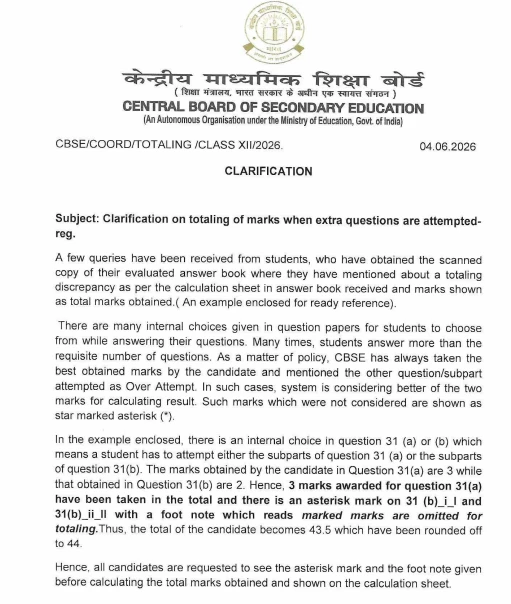 CBSE clarification circular explaining mark totalling rules when students attempt extra questions in board examinations