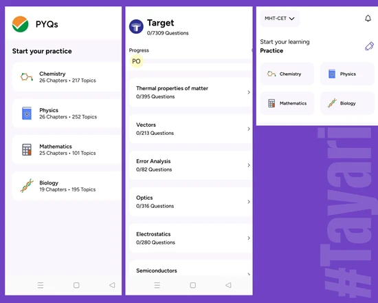 Tayari Entrance practice dashboard with PYQs, subject-wise practice and progress tracking for NEET, JEE and MHT CET students