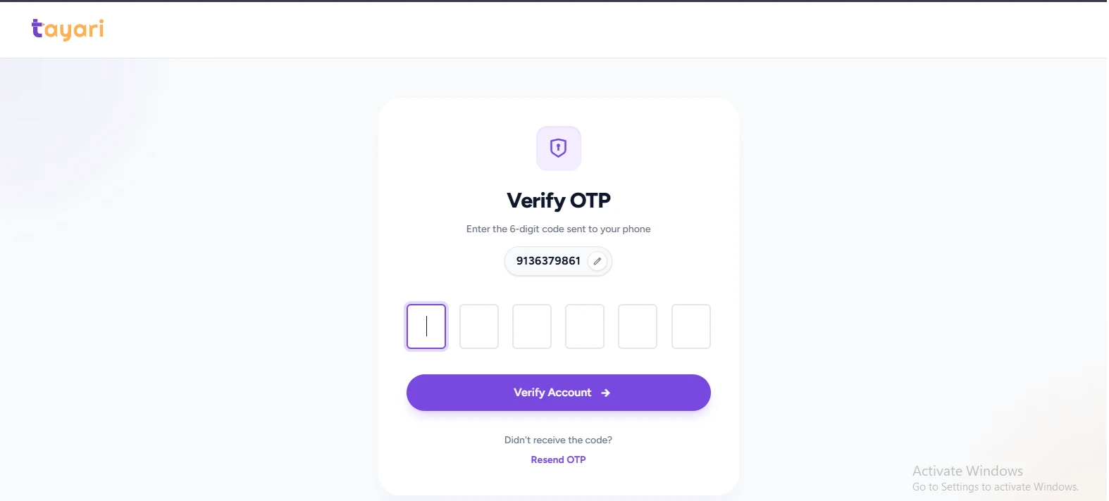 OTP verification screen for Meri Tayari MHT CET mock test registration and account verification