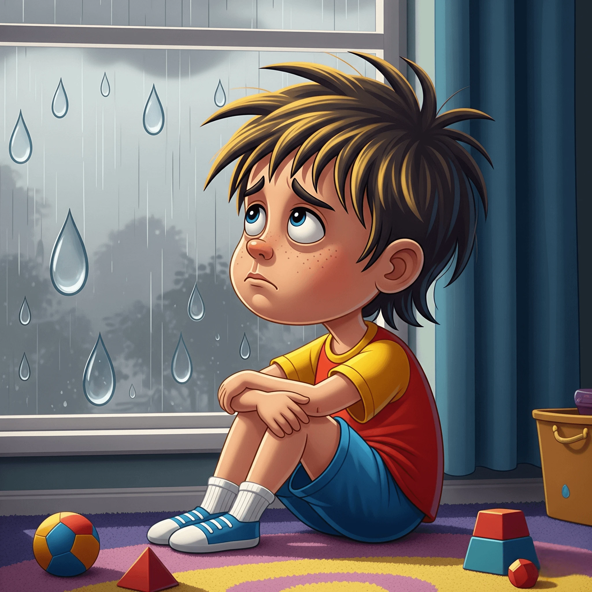 Young boy sitting indoors looking sad while it rains outside, surrounded by toys on the floor