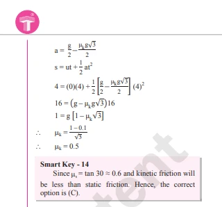 NEET Physics solution with NEET Smart Keys showing calculation for kinetic friction coefficient using kinematics
