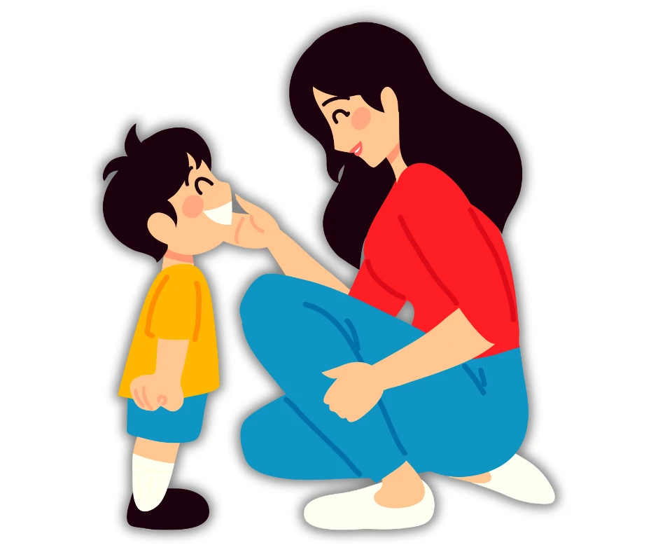 Illustration of a smiling mother gently touching her child’s face while kneeling, symbolizing affection and connection