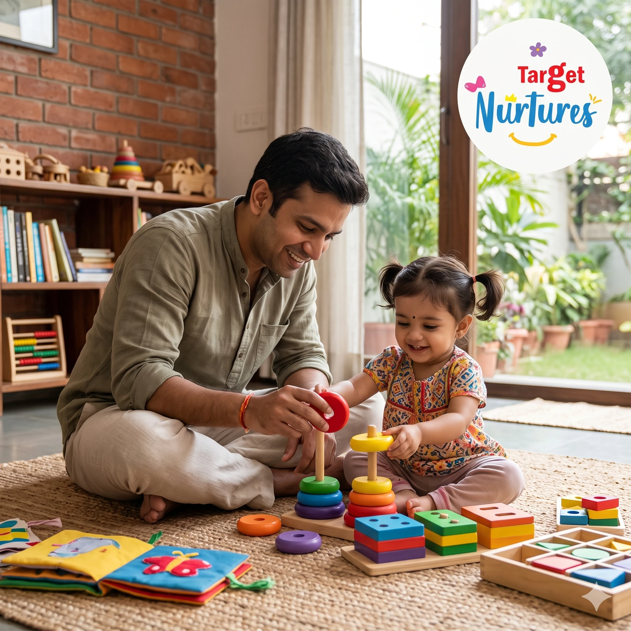 A parent and toddler exploring building blocks together as part of progressive education at home