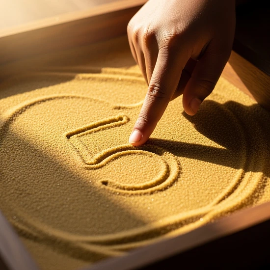 Close-up of a child’s finger tracing number 5 in a sand tray for number writing practice