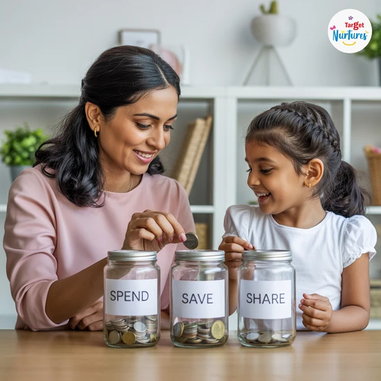 Indian mother helping daughter divide allowance into spend, save, and share jars