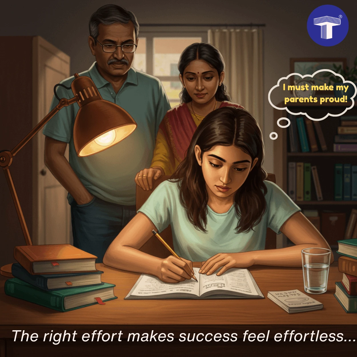 MHT-CET Topper studying with focus, supported by parents, aiming for success with determination.