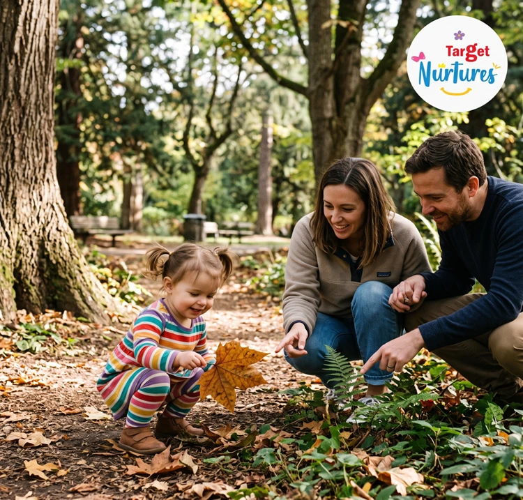 A toddler exploring leaves and plants during a nature walk to build curiosity