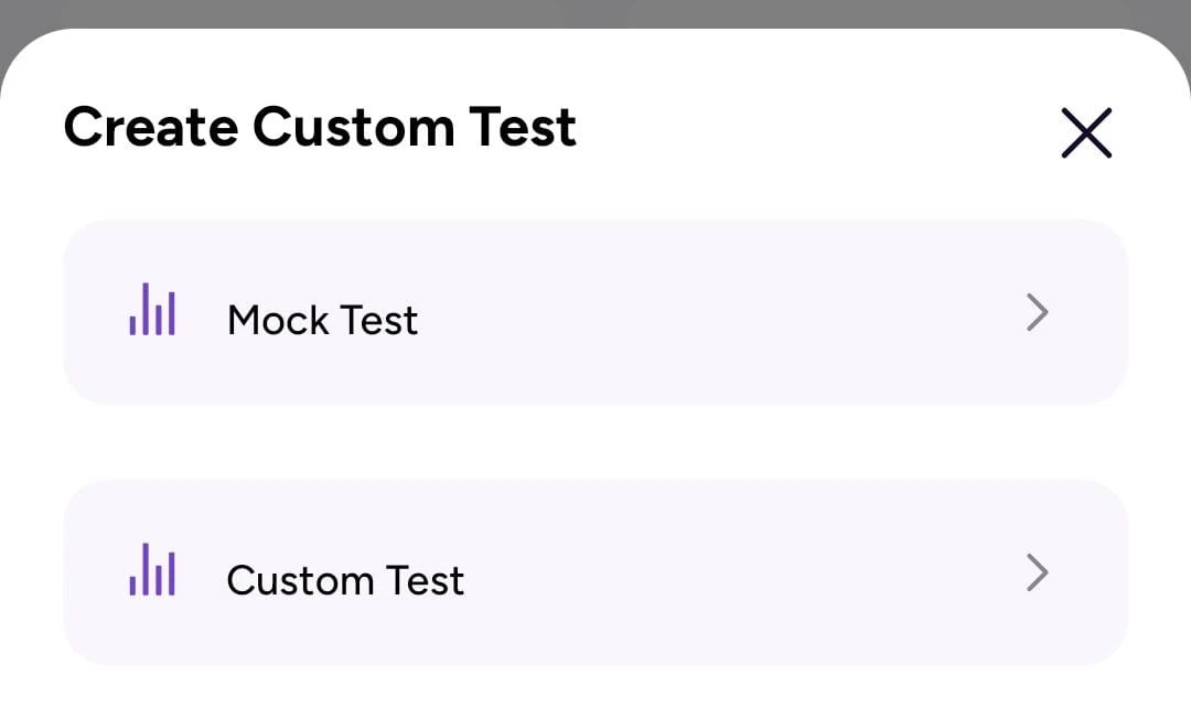 Tayari entrance exam prep app showing create custom test and mock test options for NEET, JEE Main and MHT CET practice