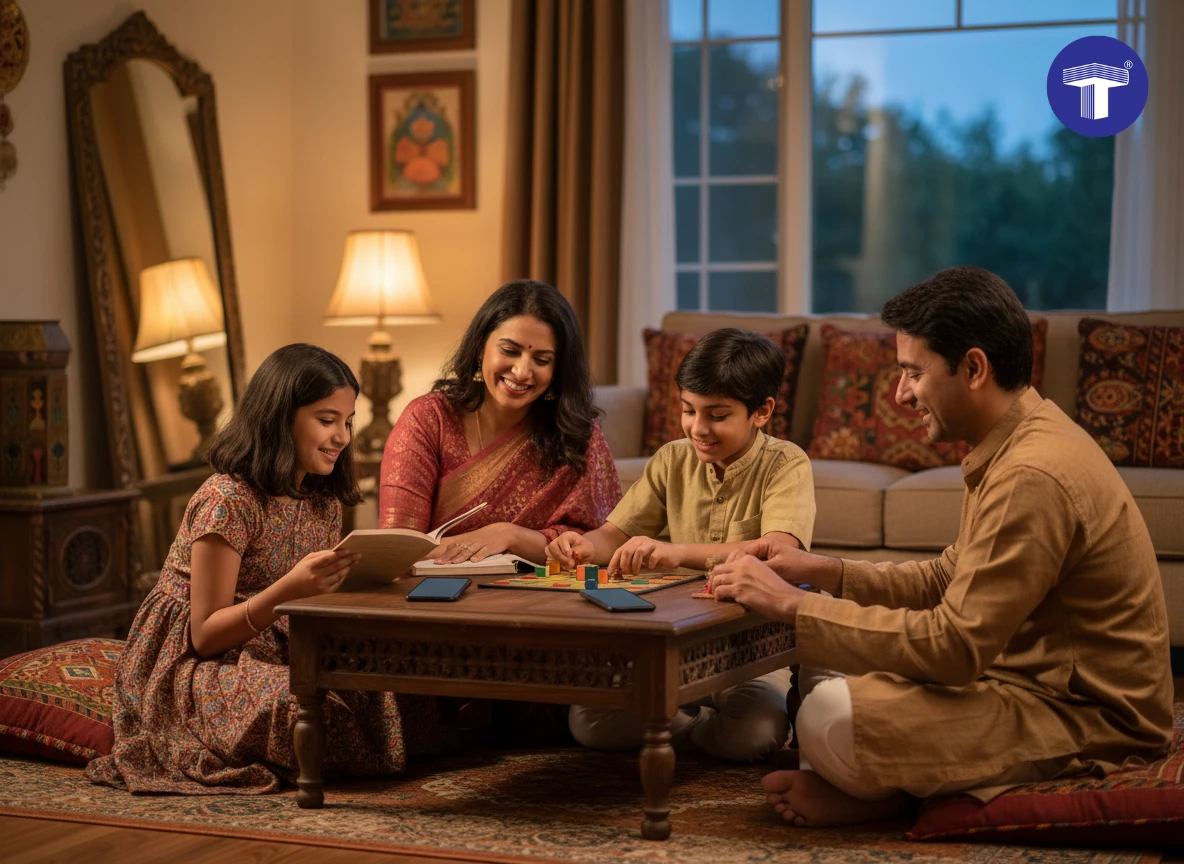 Indian family spending screen-free time together at home with phones kept aside