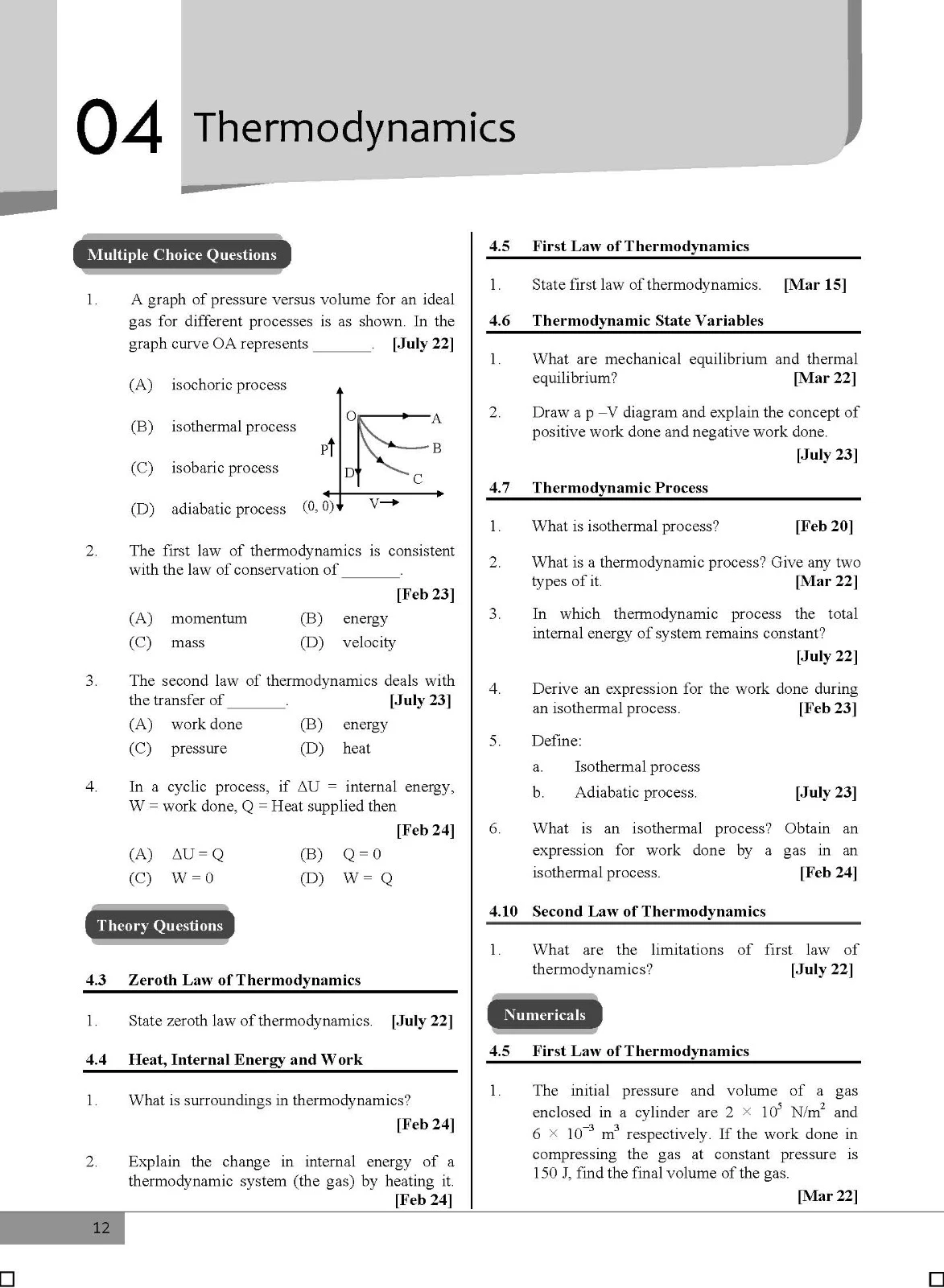 Physics chapter questions for HSC Class 12 including MCQs, theory questions and previous year board questions with dates