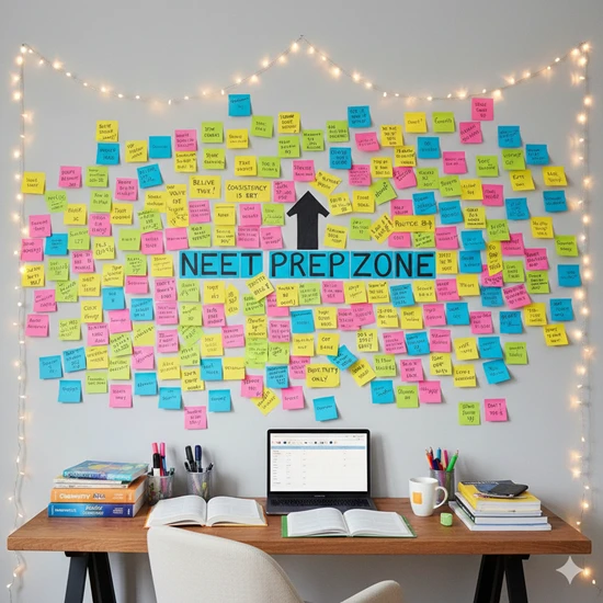 NEET prep zone study desk with books, laptop, and motivational sticky notes for effective NEET exam practice