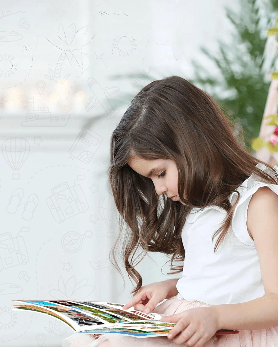 Young girl reading a colourful picture book, deeply focused, symbolizing early learning through repetition.