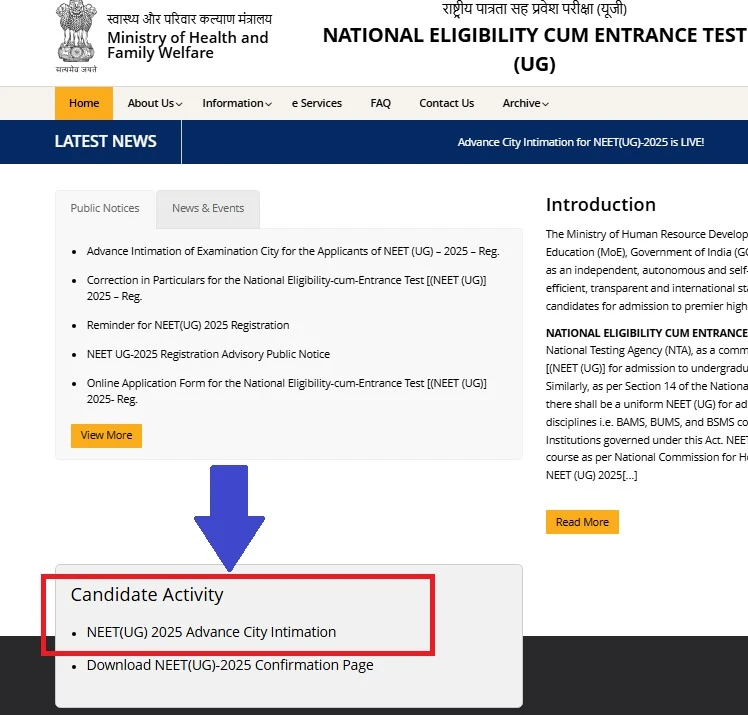 NEET (UG) 2025 Advance City Intimation Link