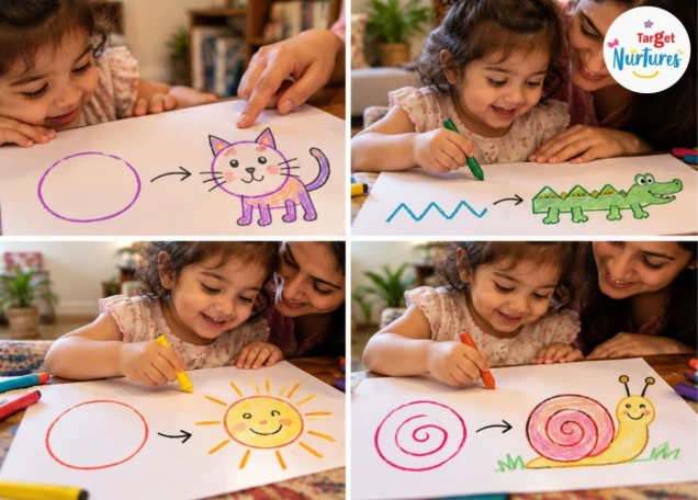 Parent and preschooler transforming scribbles into pictures during a doodling activity