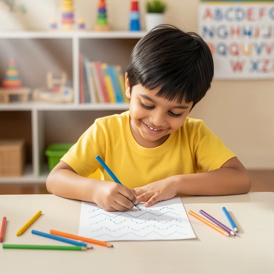 Indian preschool child tracing zig-zag patterns using tracing books