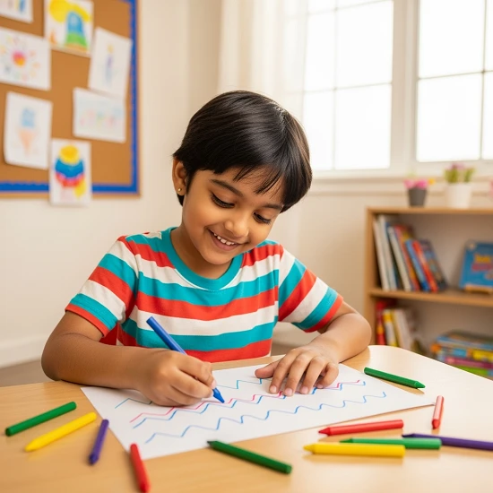 a happy preschool indian child sitting at a small table, tracing zig-zag and wave patterns on a sheet, colourful crayons scattered around, warm and cheerful classroom background, soft lighting, joyful and engaging