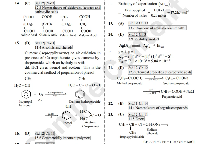 Inside pages of MHT-CET Chemistry solved papers showing detailed answers, reactions, formulas, and chapter-wise references