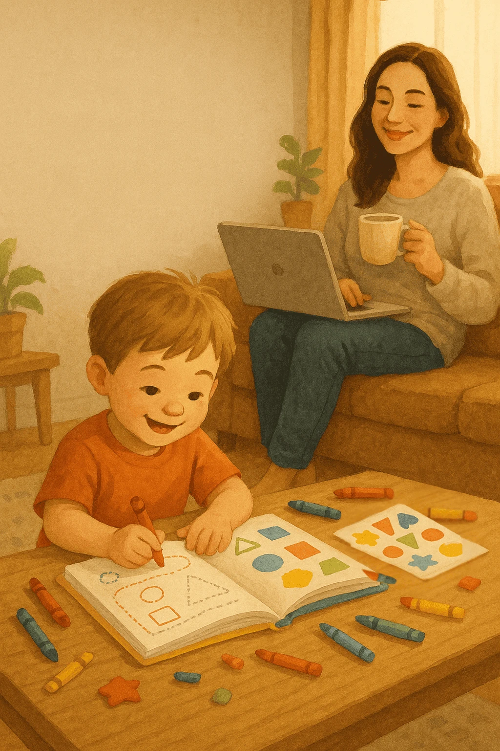 Illustration of a young child happily working on an activity book with crayons at a table, while a smiling mother sits on a couch behind him, sipping coffee and using a laptop.