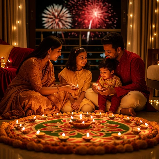 Indian family enjoying Diwali safely at home with diyas, rangoli, and distant fireworks; Diwali safety tips, safe Diwali tips, tips for safe Diwali