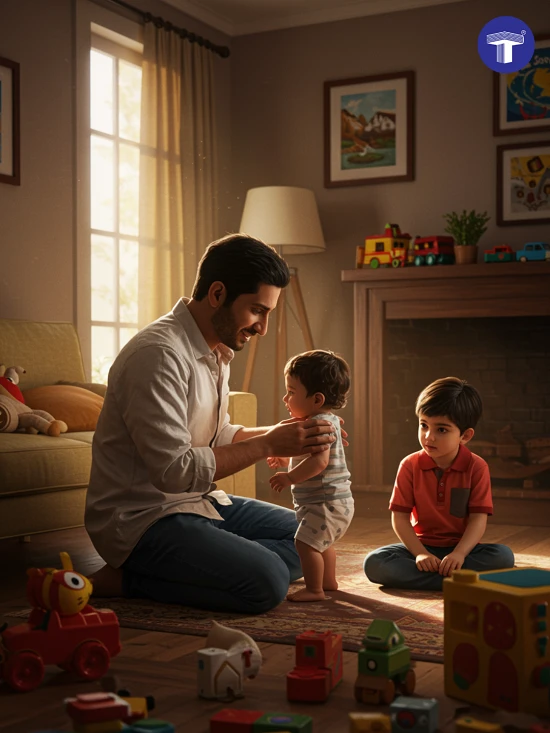 Parent comforting frustrated toddler teaching patience and kindness