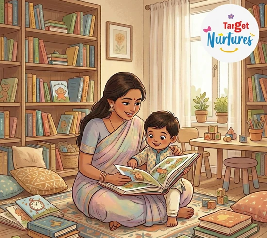 A parent and child reading stories together to learn moral values at home