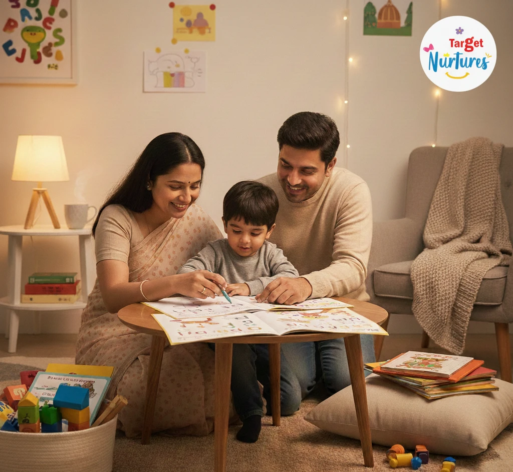 Parent helping a young child with homework at home in a calm setting