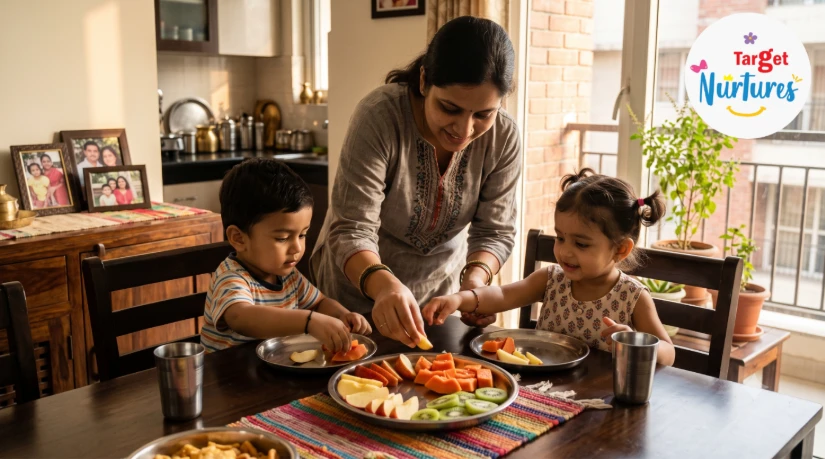 Two toddlers sharing sliced fruit equally at a table while a parent helps, teaching fairness to young kids