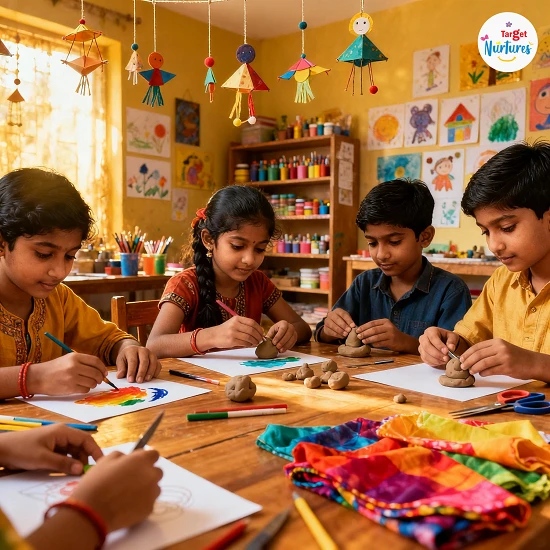 Indian children creating arts and crafts in colourful setting