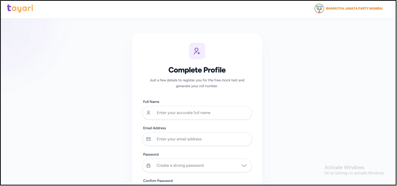 Meri Tayari mock test registration form to complete profile with name email and password