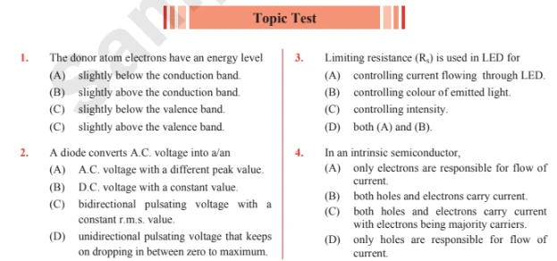 Physics topic test sample with multiple choice questions on semiconductors and diodes
