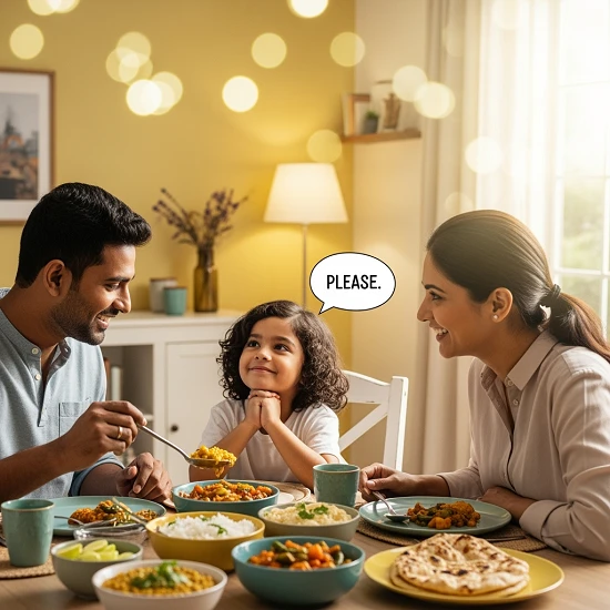 Indian family sitting at a dining table, children saying 'please' while asking for food, with parents smiling warmly in a cosy home setting
