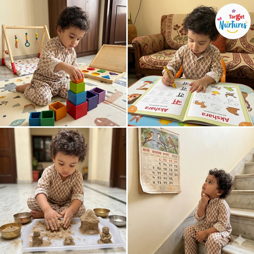 A curious child performing different activities, helping him nurture a growth mindset