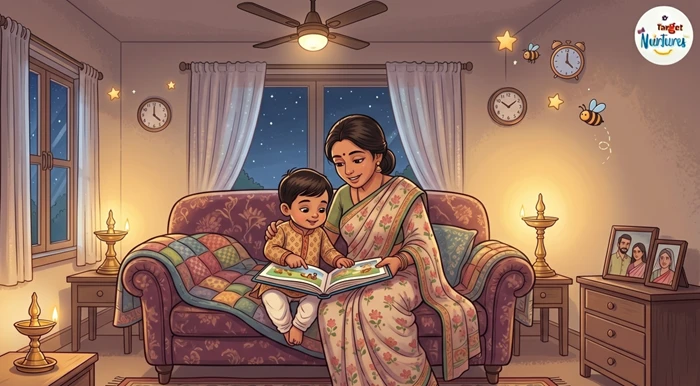 A parent and toddler reading a picture book together to build holiday reading habits for kids