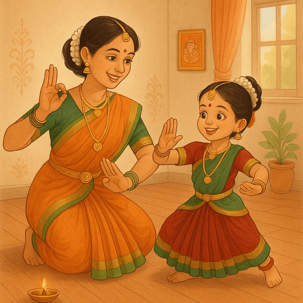 Mother teaching daughter Indian classical dance at home, bonding through cultural learning in traditional attire.