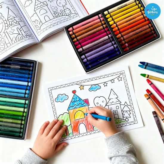 Top view of child’s hands using crayons on colouring book pages