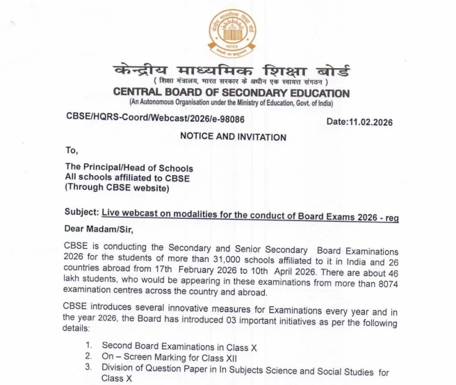 Official CBSE notice announcing a live webcast on board exam 2026 modalities for affiliated schools and principals