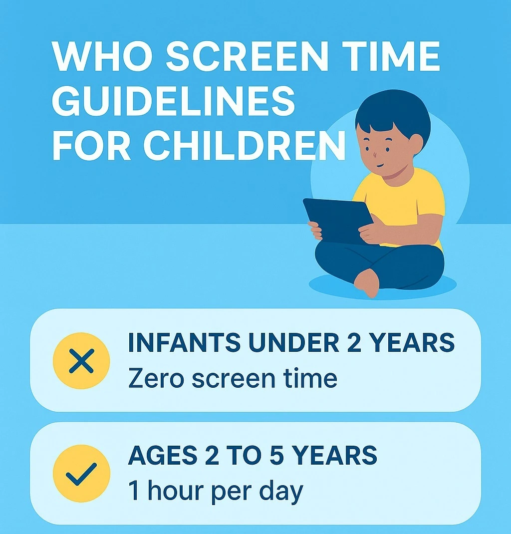 Infographic showing WHO screen time guidelines for children by age, with limits and tips for healthy screen use