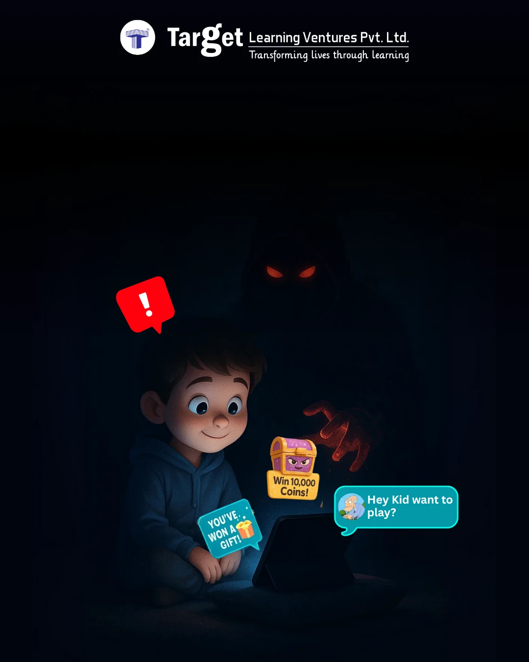 Child engaged with a device while ominous digital elements surround him, symbolizing hidden online threats disguised as friendly avatars