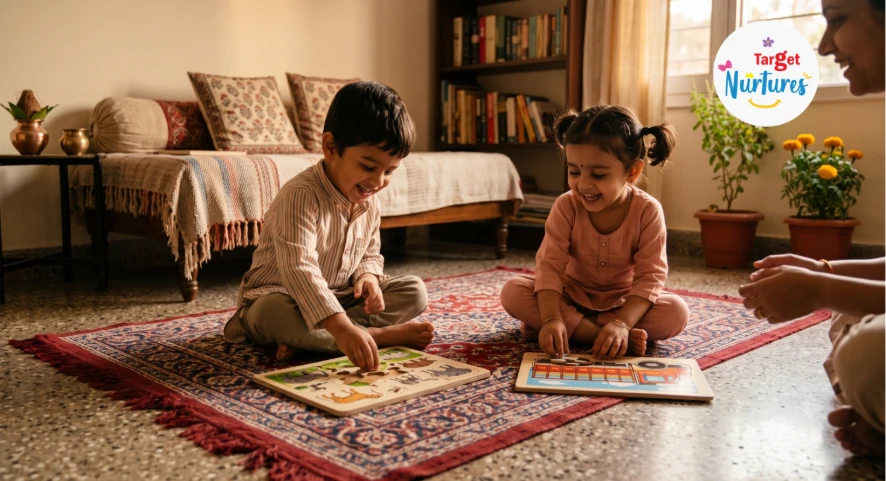 Two siblings engaged in healthy competition during playtime